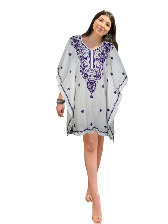 Boho Kaftan for Women – White and Purple Embroidered Short Kimono Dress S/L