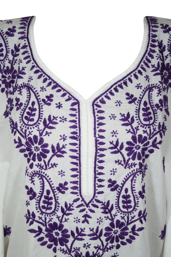 Boho Kaftan for Women White Purple Embroidered Short Kaftans S/L