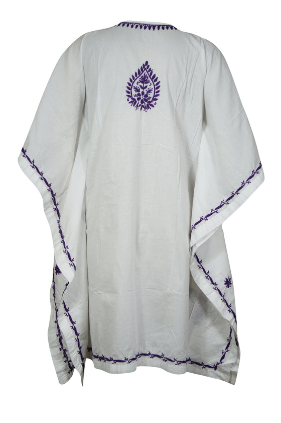 Boho Kaftan for Women White Purple Embroidered Short Kaftans S/L