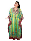 Women's Green Floral Embroidered Georgette Kaftan Maxi Dress Resort Wear for Travel  4XL