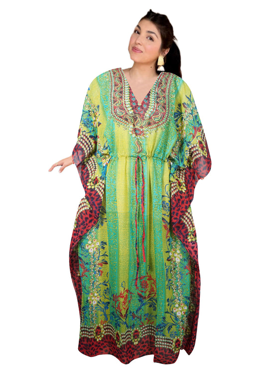 Women's Green Floral Embroidered Georgette Kaftan Maxi Dress Resort Wear for Travel  4XL