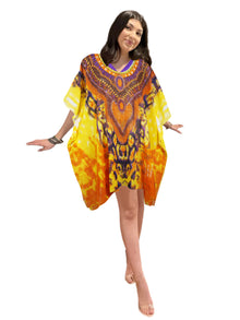  Women's Yellow & Orange Sheer Georgette Kaftan – Oversized Boho Beach Cover-Up 4XL