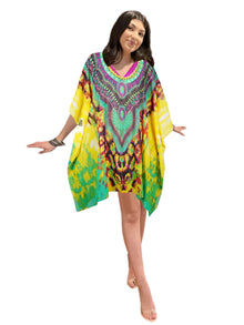  Women's Yellow & Green Sheer Georgette Kaftan – Oversized Boho Beach Cover-Up 4XL