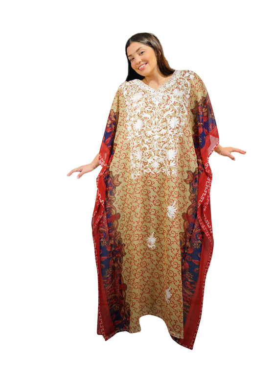 Women's Red & Beige Floral Embroidered Georgette Kaftan Maxi Dress – Boho Resort Elegance 4XL