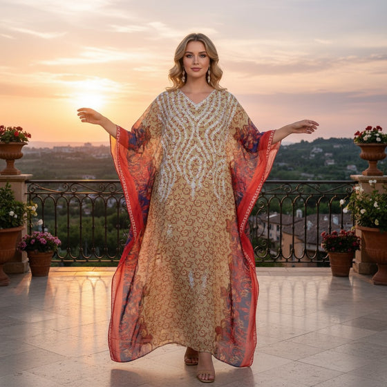 Women’s Red Floral Embroidered Georgette Kaftan – Boho Luxe Resort Wear Maxi Dress 4XL