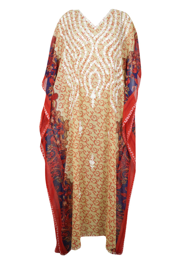 Women’s Red Floral Embroidered Georgette Kaftan – Boho Luxe Resort Wear Maxi Dress 4XL