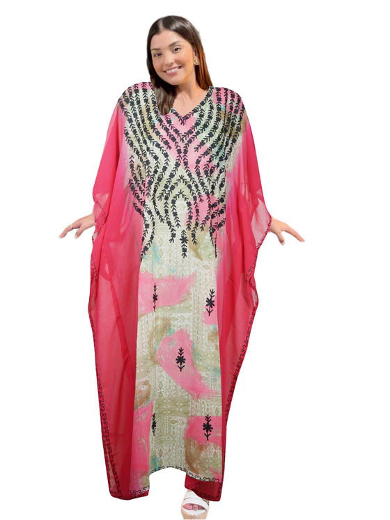 Women's Pink Floral Embroidered Georgette Kaftan Maxi Dress – Elegant Boho Resort Wear 4XL