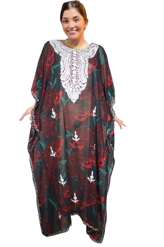 Women's Red & Green Floral Embroidered Georgette Kaftan Maxi Dress – Boho Resort Wear, 4XL