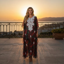  
Women’s Sheer Black & Red Caftan Maxi Dress – Boho Beach Cover-Up & Resort Wear  4XL
