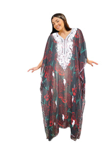  Women's Red & Black Floral Embroidered Georgette Kaftan Maxi Dress – Boho Resort Wear, 4XL