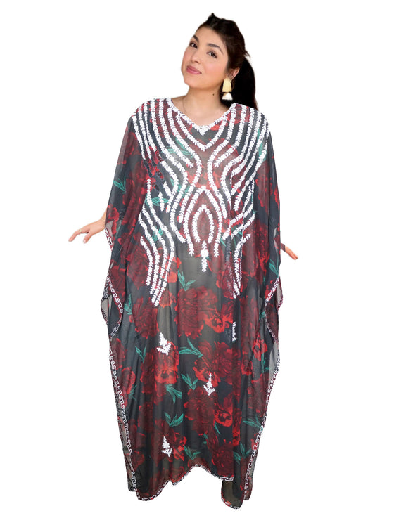 Women's Black & Red Floral Embroidered Maxi Dress – Boho Resort Wear 4XL