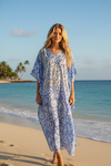 Women’s Blue & White Printed Georgette Kaftan – Lightweight Maxi Dress for Resort, 4XL