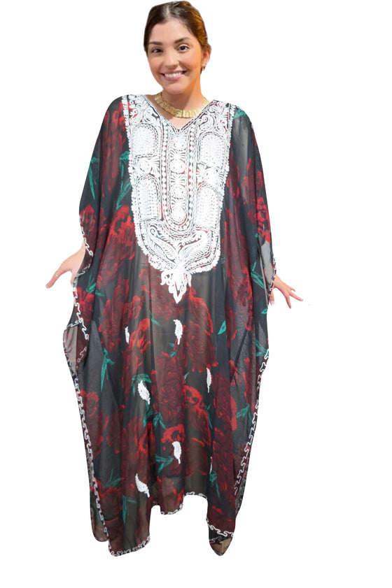
Women's Red Floral Embroidered Georgette Maxi Dress – Elegant Resort Wear for Vacation 4XL
