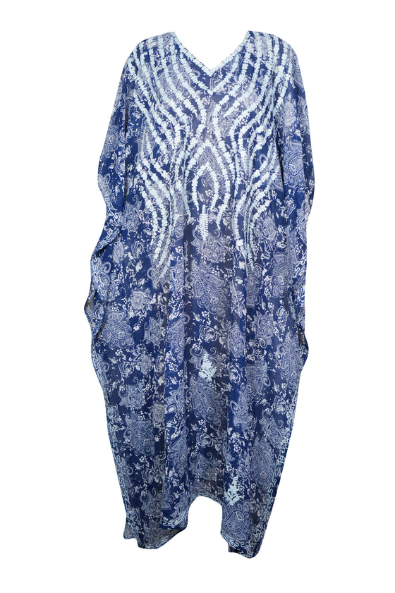 Women’s Blue & White Floral Georgette Maxi Dress – Flowy Boho Resort Wear  4XL