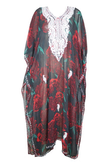  Kaftan Maxi Dress Georgette Red ,Black Floral Embroidered Resort Wear Dresses, 4XL