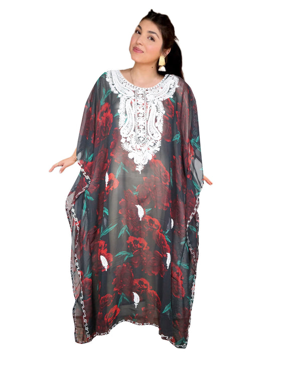 Red & Black Floral Embroidered Sheer Georgette Kaftan – Boho Maxi Dress for Resort Wear 4XL