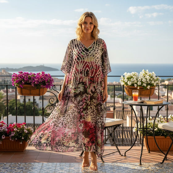 Pink & White Embroidered Kaftan Maxi Dress – Women’s Sheer Georgette Beach Caftan  L-4X