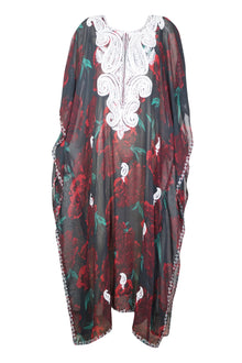  Kaftan Maxi Dress Sheer Georgette Red Black Floral Embroidered Resort Wear 4XL