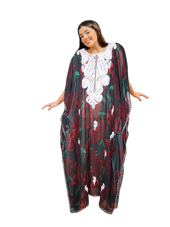 Women's Red & Black Sheer Georgette Kaftan Maxi Dress – Floral Embroidered Boho Resort Wear 4XL