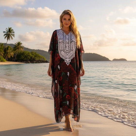 Women’s Red & Black Floral Embroidered Georgette Kaftan – Elegant Boho Resort Wear 4XL