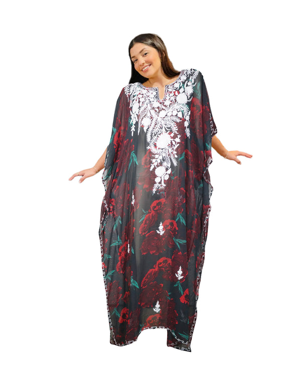 Women's Red Floral Embroidered Maxi Dress – Boho Resort Wear for Vacation & Lounge, 4XL