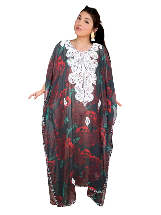 Women's Red & White Floral Embroidered Maxi Dress – Boho Resort Wear for Vacation & Lounge , 4XL