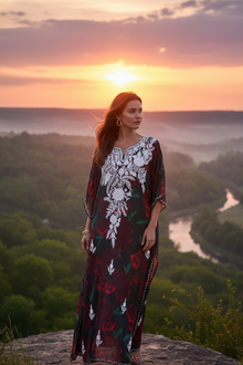  Black Sheer Caftan Maxi Dress – Embroidered Rose Boho Kaftan for Cruise & Travel  L-4XL