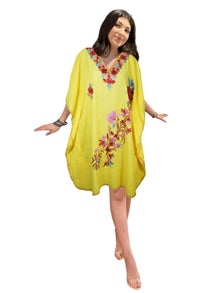  Sunny Bloom Embellished Short Caftan – Yellow Floral Lounge Cover-Up L-3XL