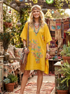 Women’s Yellow Embroidered Caftan Dress – Short Kimono Style Boho Beach Dress L-3XL