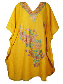  Womens Short Caftan Dress Yellow Embroidered Kimono Dresses One Size L-3XL