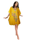 Women's Short Yellow Caftan Dress – Embroidered Kimono Style L-3XL