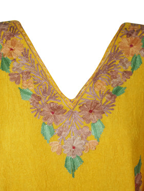 Womens Short Caftan Dress Yellow Embroidered Kimono Dresses One Size L-3XL
