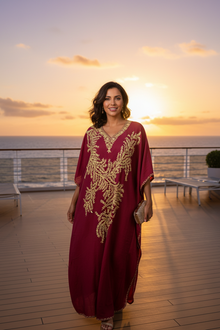  Dark Red Embroidered Boho Maxi Caftan – Women’s Summer Resort Wear Dress L-3XL