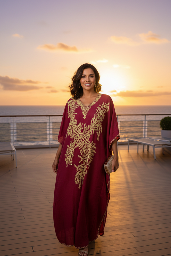 Dark Red Embroidered Boho Maxi Caftan – Women’s Summer Resort Wear Dress L-3XL