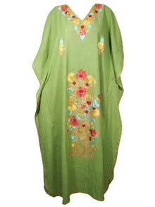 Womens Retro Maxidress, Resort Wear Green Embroidered Maxi Kaftan Dresses L-4X One size