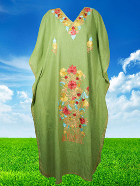 Womens Retro Maxidress, Resort Wear Green Embroidered Maxi Kaftan Dresses L-4X One size