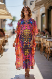  Women’s Red Printed Kaftan Maxi Dress – Cruise & Travel Kimono Caftan