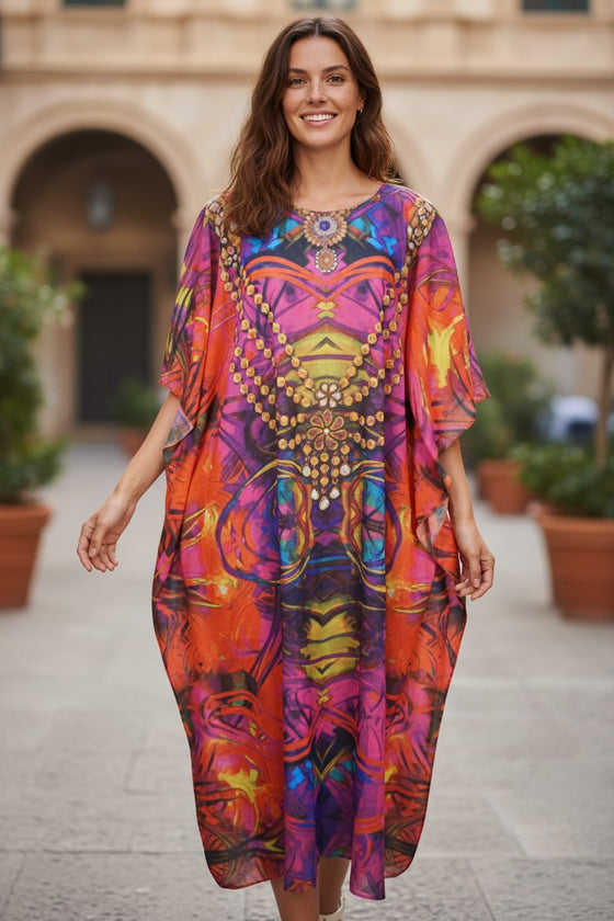 Women’s Red Printed Kaftan Maxi Dress – Cruise & Travel Kimono Caftan