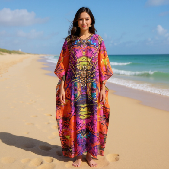 Women’s Red Printed Kaftan Maxi Dress – Cruise & Travel Kimono Caftan