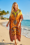 Boho Orange Green Maxi Kaftan Dress – Women’s Flowing Bohemian Resort Wear 3XL