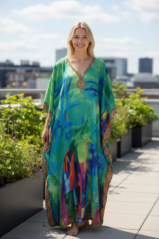 Women’s Green Georgette Maxi Caftan – Elegant Beach & Resort Dress
