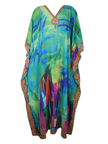  Womens Maxi Caftan, Green Printed Kimono, Loose Maxi Dress, Georgette Beach Dress L-3X