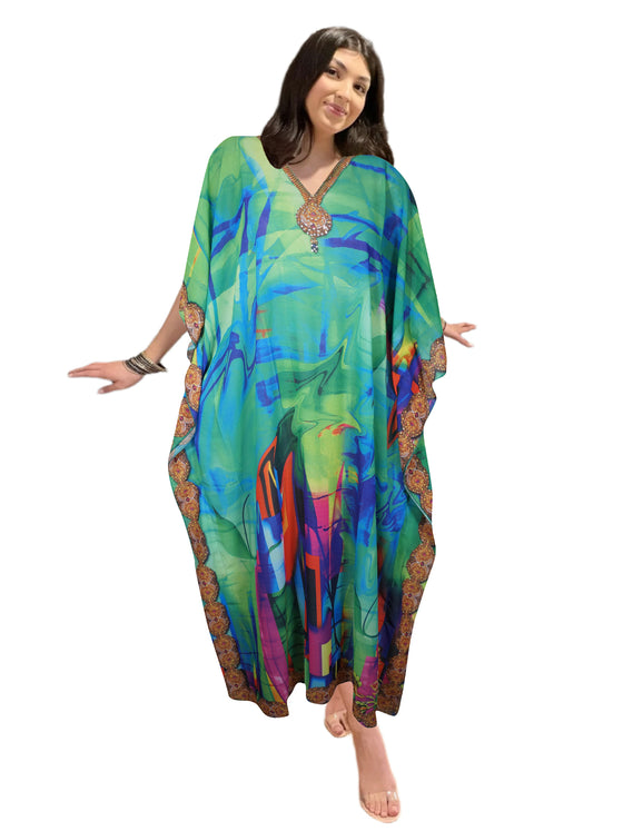 
Women’s Green Georgette Maxi Caftan – Elegant Beach & Resort Dress L-3X
