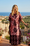 Maroon Batik Floral Kaftan Maxi Dress – Boho Summer Resort Wear | Flowy Beach Caftan 3X