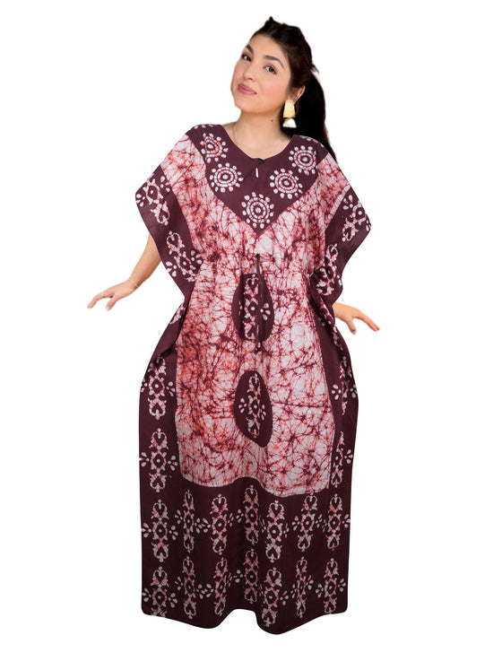 Maroon Batik Floral Kaftan Maxi Dress – Boho Summer Resort Wear 3X