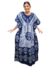  Dark Blue Tie-Dye Kaftan Maxi Dress, Boho Lounge Resort Wear Size