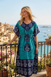 Turquoise Batik Caftan Maxi Dress – Boho Kaftan Lounge Housedress | Flowy Resort Wear L-3XL