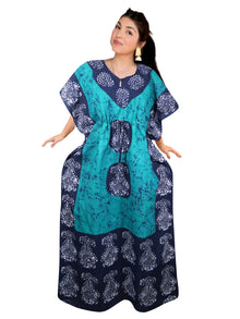  Turquoise Batik Caftan Maxi Dress, Boho Kaftan Lounge Housedress L-3XL