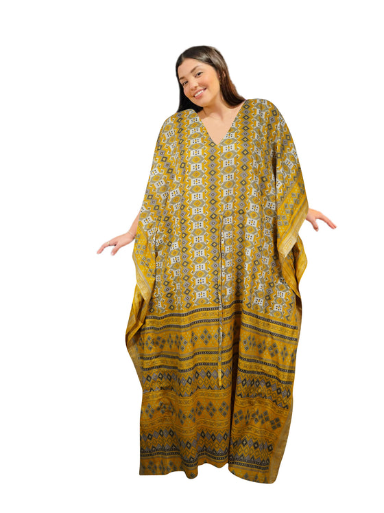 Boho Silk Kaftan Dress Yellow Gray Flowy Maxi for Beach & Resort Wear, XL Boho Silk Kaftan Dress Yellow Gray Flowy Maxi for Beach & Resort Wear, XL