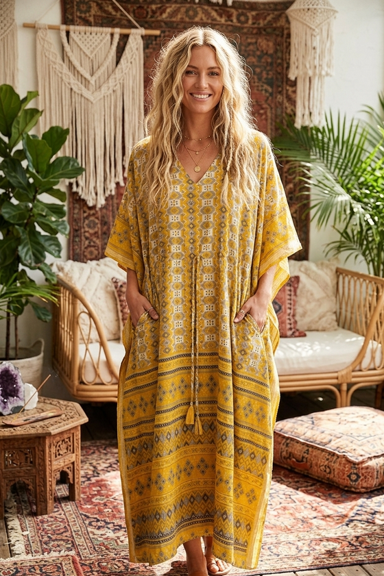 Boho Silk Kaftan Dress – Yellow Gray Flowy Maxi for Beach & Resort Wear, XL